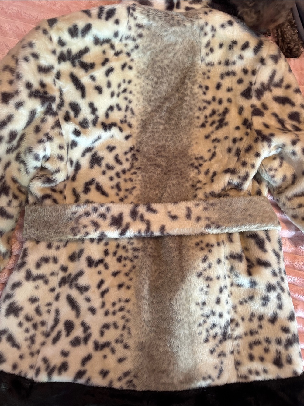 Leopard-Print Faux Fur Belted Pea Coat with Black Trim - Picture 8 of 10